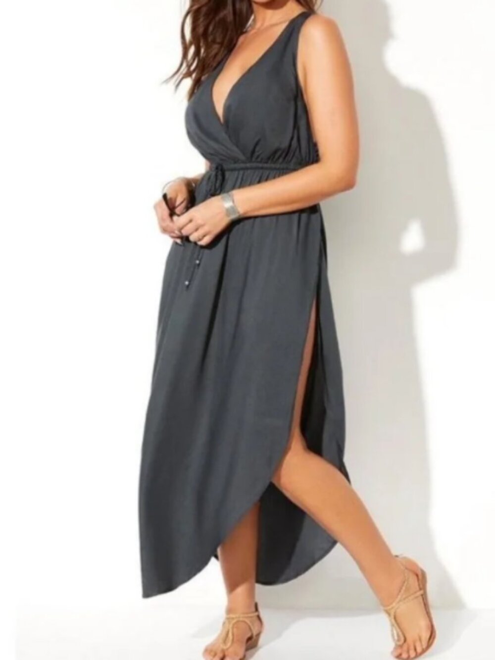 Swimsuits For All Tenley Surplice Cover-Up Maxi Dress, Dark Gray - Womens